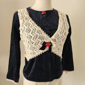Vintage 90's KNITWAVES Cream & Black Velvet Top w/ Crochet Vest. Youth Medium.